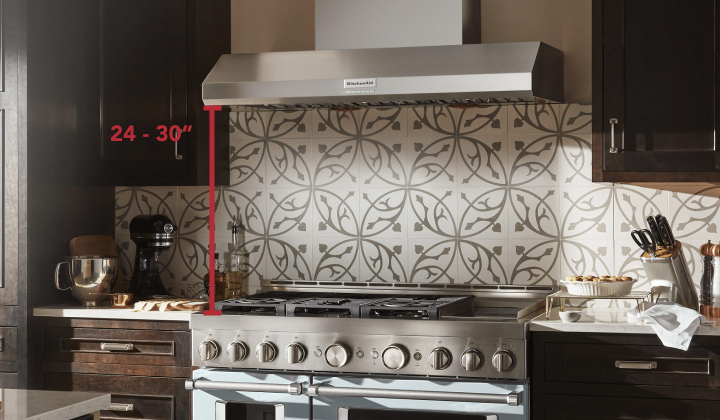 Stainless steel KitchenAid® range and range hood with measurements Stainless steel KitchenAid® range and range hood with measurements