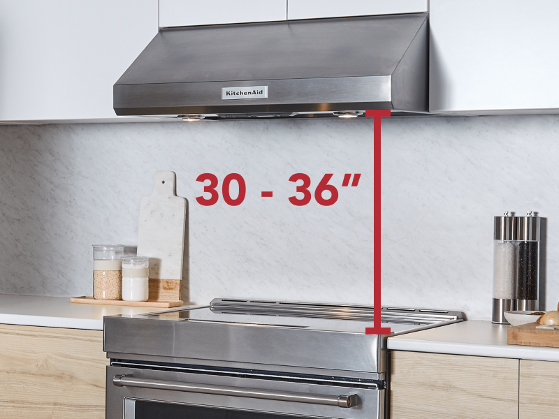 Stainless steel KitchenAid® range with range hood and measurements Stainless steel KitchenAid® range with range hood and measurements