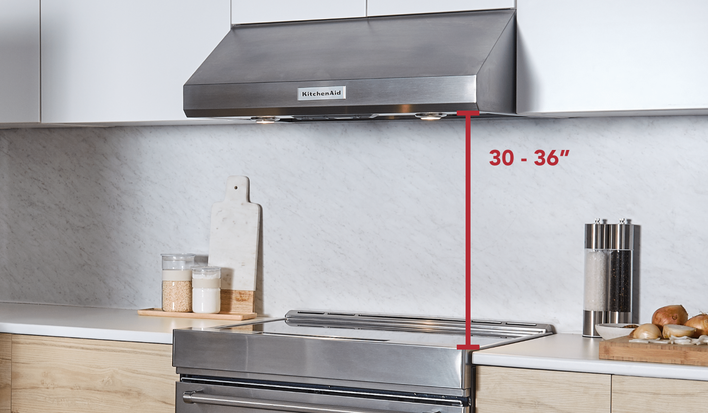 Stainless steel KitchenAid® range with range hood and measurements Stainless steel KitchenAid® range with range hood and measurements