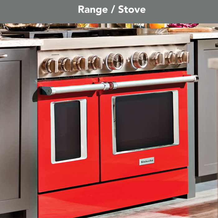 A red KitchenAid® range highlighted in a modern kitchen.