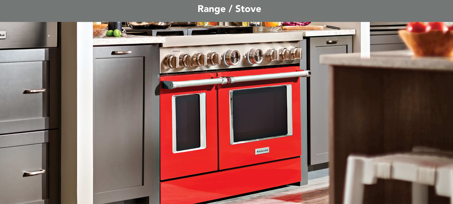A red KitchenAid® range highlighted in a modern kitchen. A red KitchenAid® range highlighted in a modern kitchen.