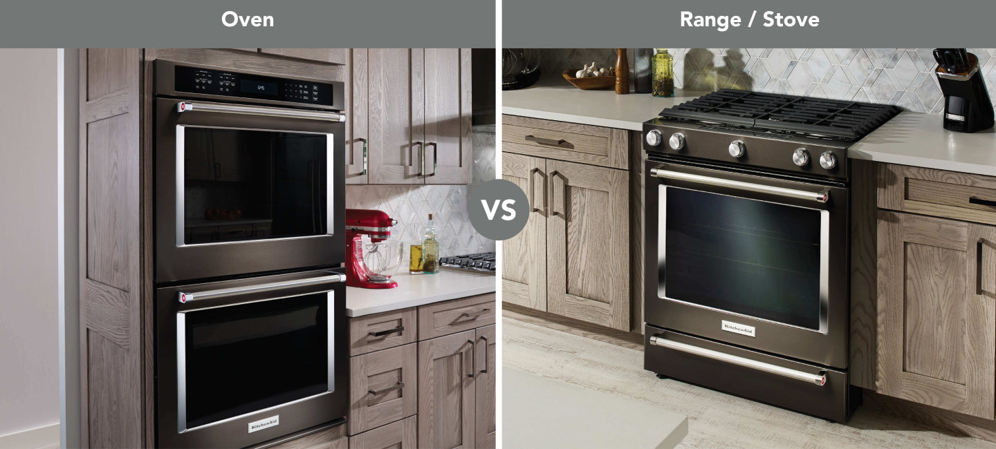 A side-by-side depiction of a double wall oven vs. a range. A side-by-side depiction of a double wall oven vs. a stove.