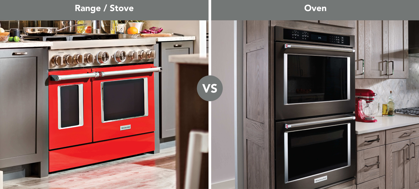 A side-by-side depiction of a range vs. an oven. A side-by-side depiction of a range vs. an oven.