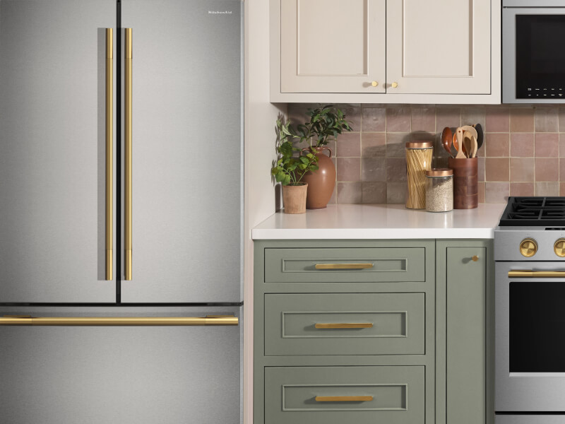 Stainless steel KitchenAid® French door refrigerator with bronze handles