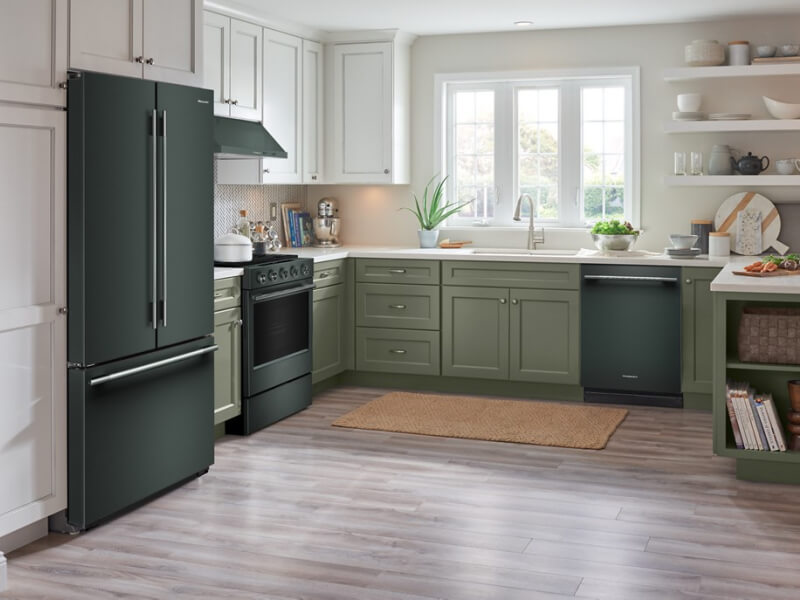 Juniper KitchenAid® kitchen suite in sage green cabinetry
