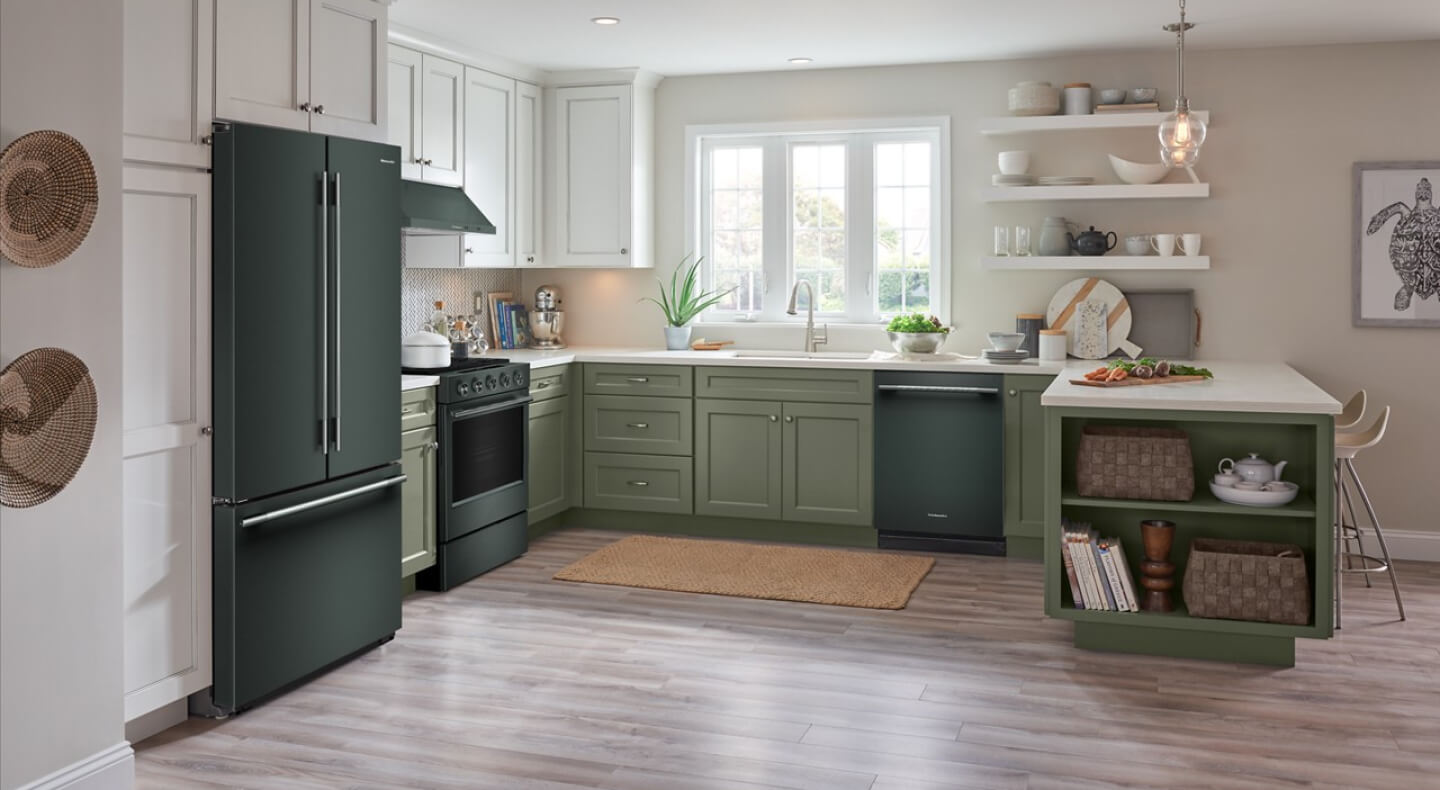 Juniper KitchenAid® kitchen suite in sage green cabinetry
