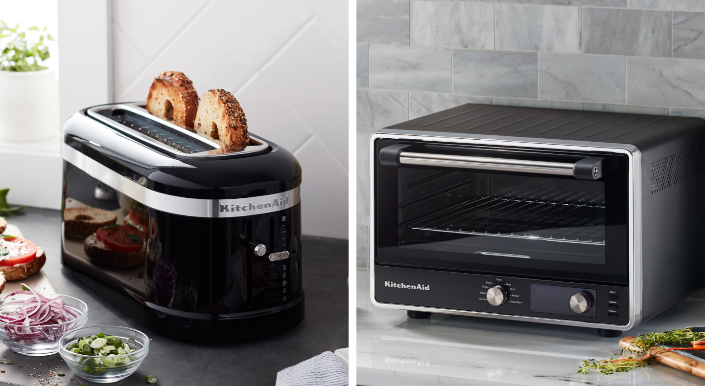 Black KitchenAid® toaster with bagels and KitchenAid® countertop oven Black KitchenAid® toaster with bagels and KitchenAid® countertop oven