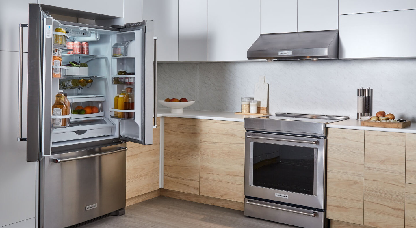 KitchenAid® french door refrigerator open to show contents KitchenAid® french door refrigerator open to show contents