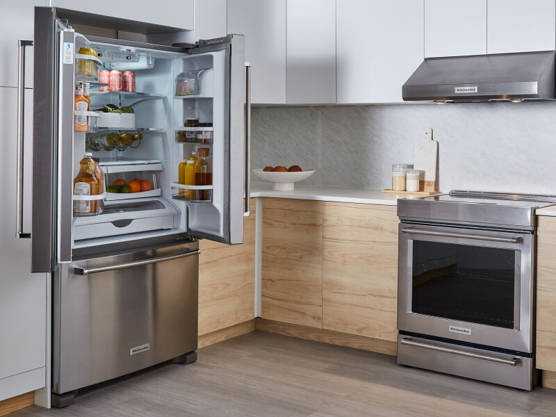KitchenAid® french door refrigerator open to show contents KitchenAid® french door refrigerator open to show contents