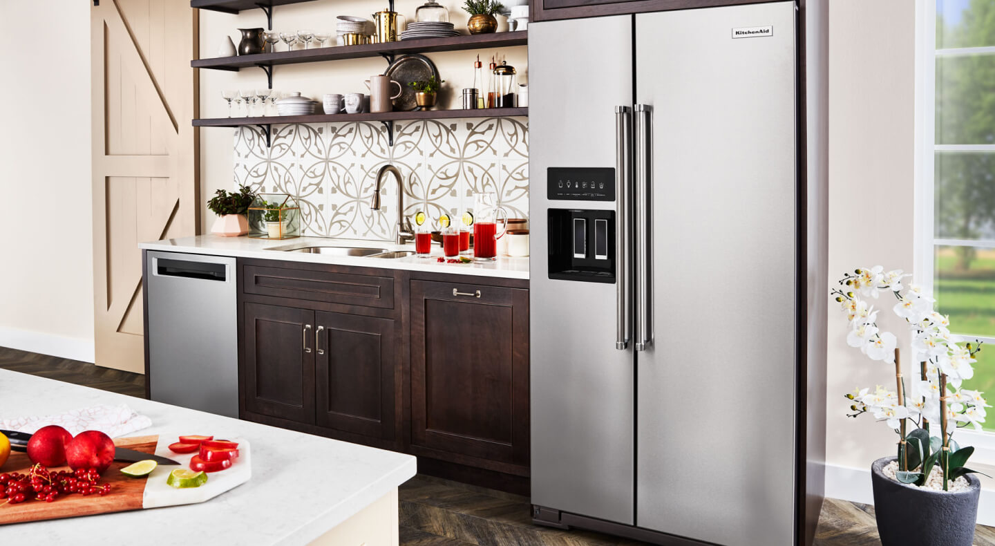 KitchenAid® side by side refrigerator in a kitchen KitchenAid® side by side refrigerator in a kitchen