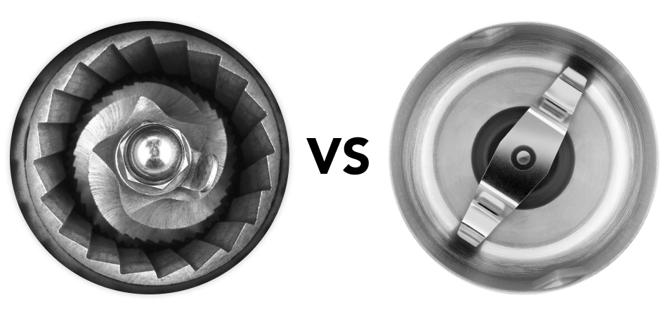 Burr coffee grinder interior next to blade grinder interior. Burr coffee grinder interior next to blade grinder interior.