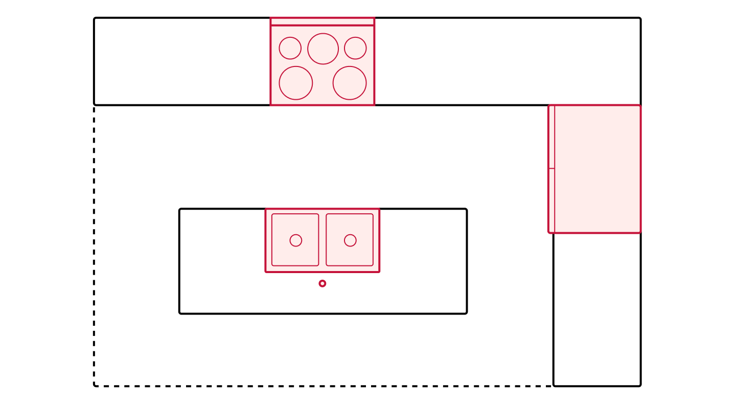 Island kitchen floorplan drawing showing appliance placements Island kitchen floorplan drawing showing appliance placements