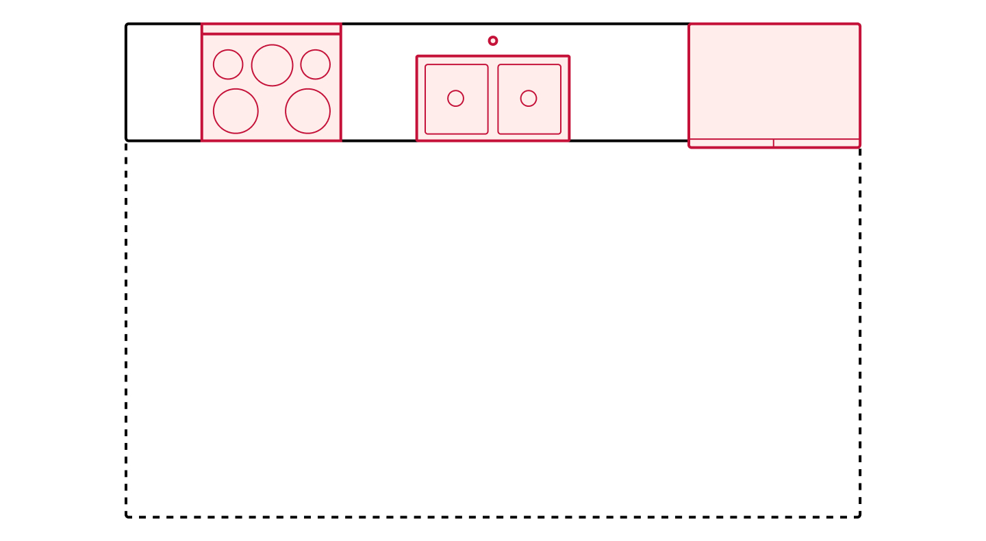 One-wall kitchen floorplan drawing showing appliance placements One-wall kitchen floorplan drawing showing appliance placements