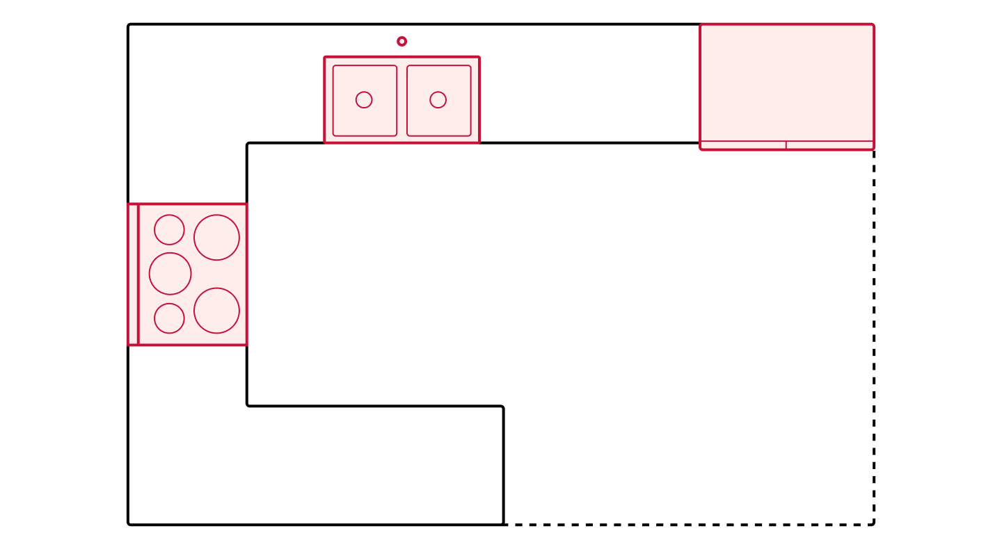 Peninsula kitchen floorplan drawing showing appliance placements Peninsula kitchen floorplan drawing showing appliance placements