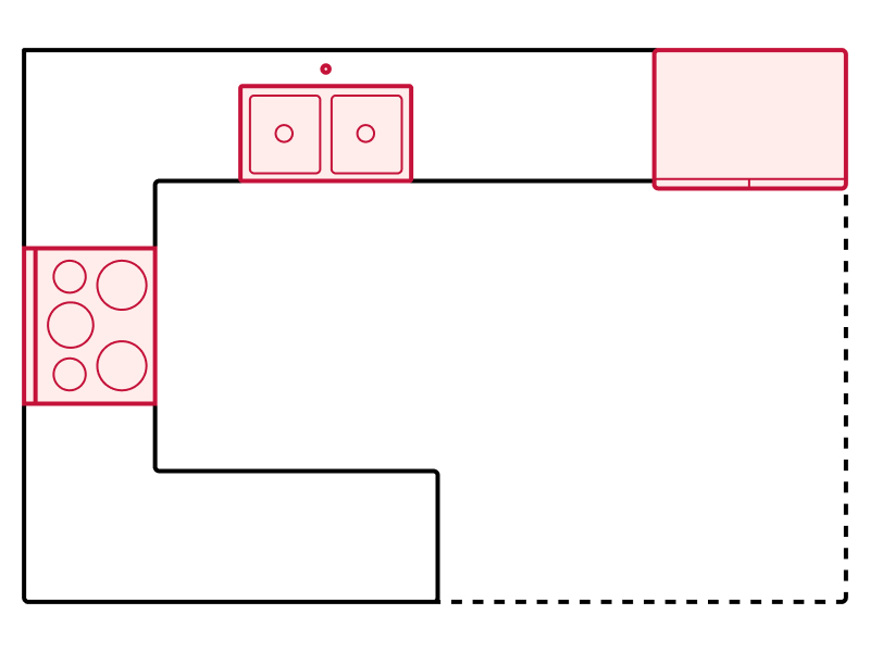 Peninsula kitchen floorplan drawing showing appliance placements Peninsula kitchen floorplan drawing showing appliance placements