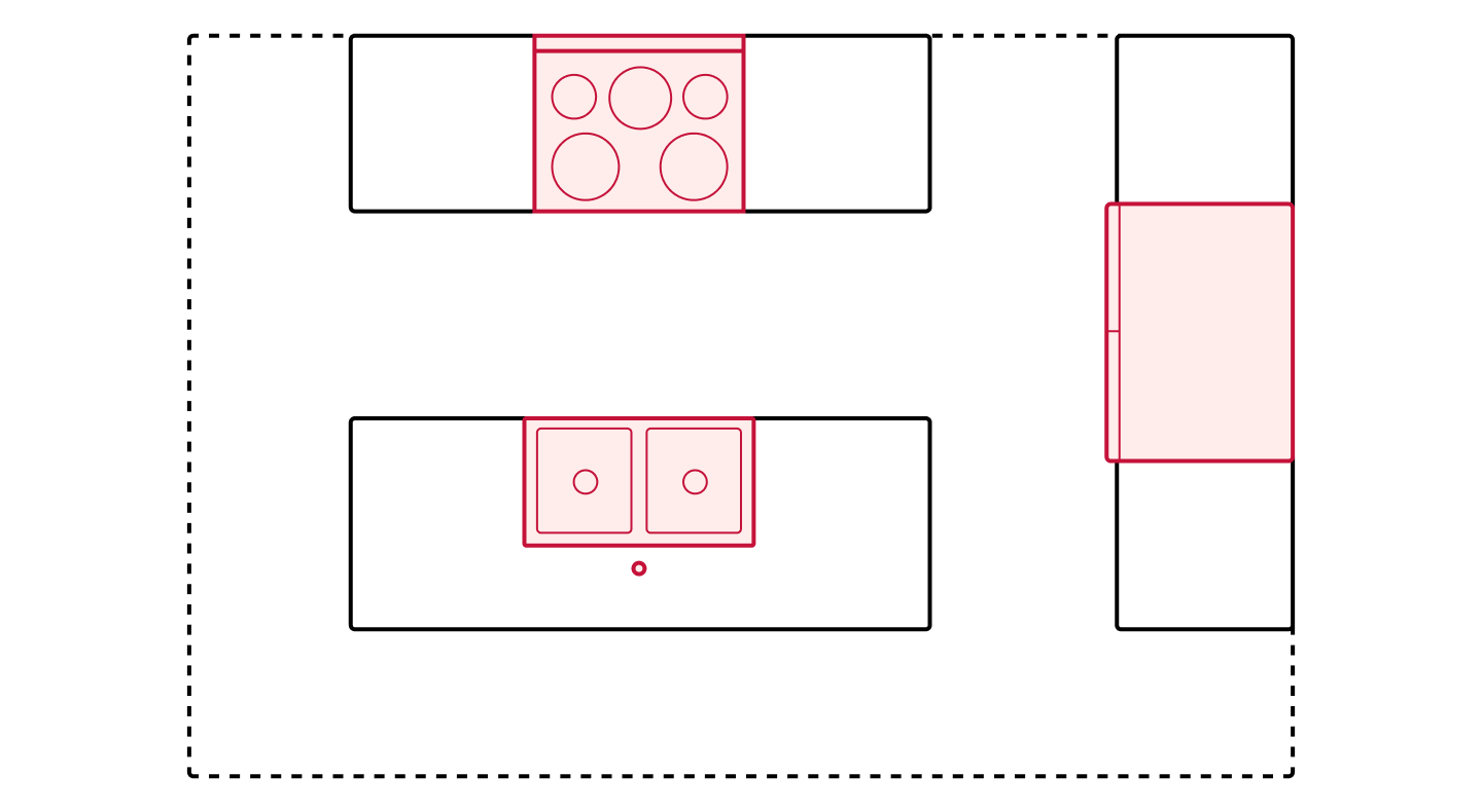 Open-concept kitchen floorplan drawing showing appliance placements Open-concept kitchen floorplan drawing showing appliance placements
