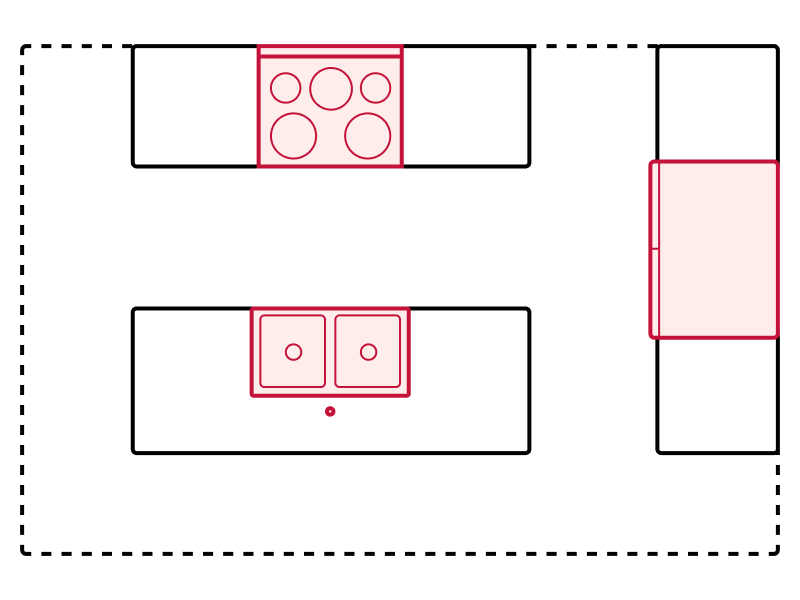 Open-concept kitchen floorplan drawing showing appliance placements Open-concept kitchen floorplan drawing showing appliance placements