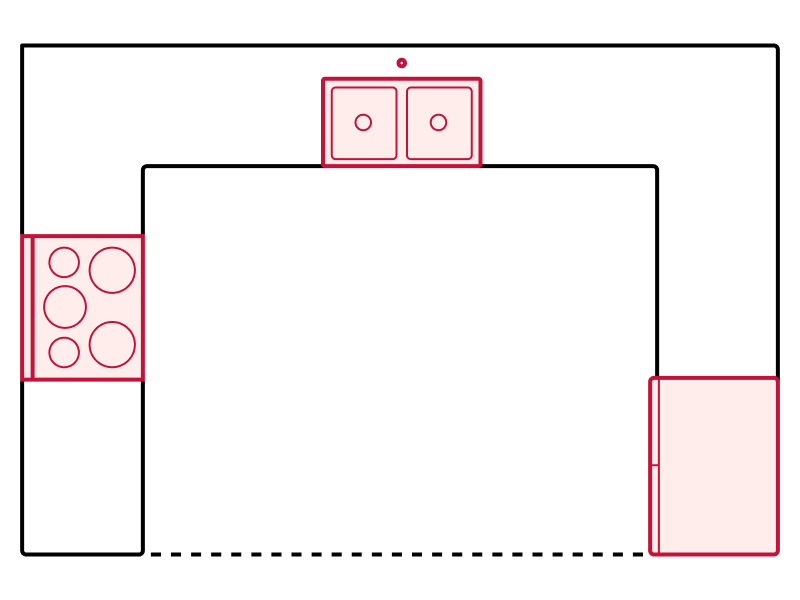 U-shaped kitchen floorplan drawing showing appliance placements U-shaped kitchen floorplan drawing showing appliance placements