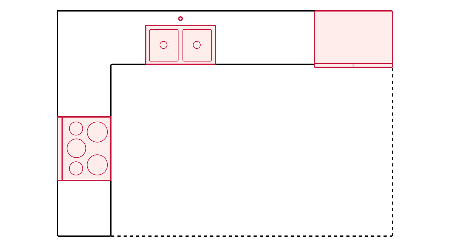 L-shaped kitchen floorplan drawing showing appliance placements L-shaped kitchen floorplan drawing showing appliance placements