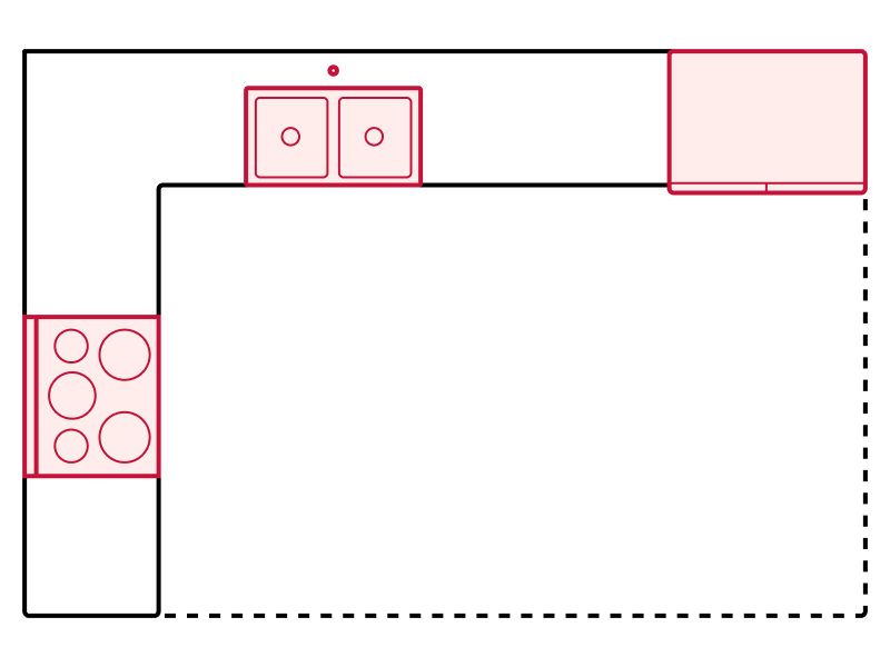 L-shaped kitchen floorplan drawing showing appliance placements L-shaped kitchen floorplan drawing showing appliance placements