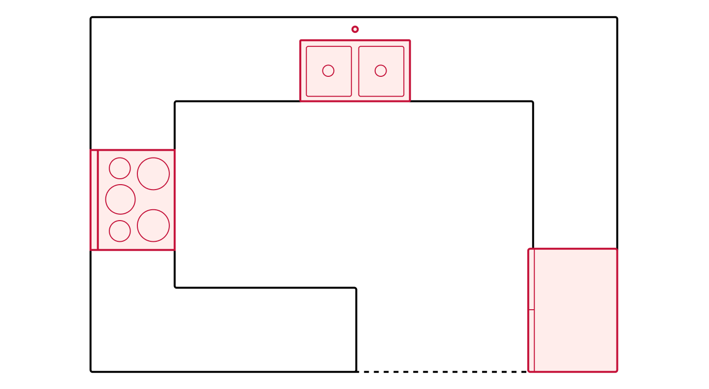 G-shaped kitchen floorplan drawing showing appliance placements G-shaped kitchen floorplan drawing showing appliance placements