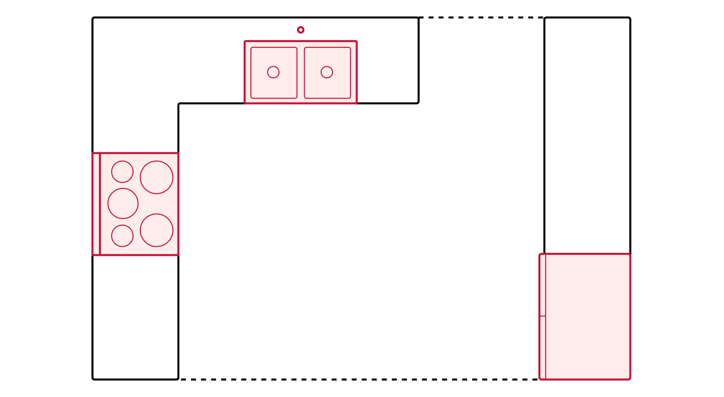 Broken U- or L-shaped kitchen floorplan drawing showing appliance placements Broken U- or L-shaped kitchen floorplan drawing showing appliance placements