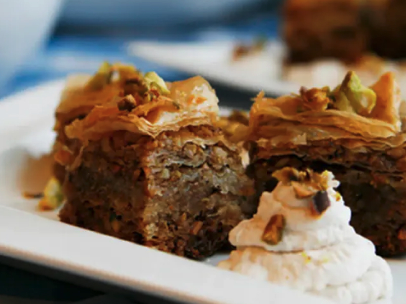 A piece of mini pistachio, walnut and honey baklava