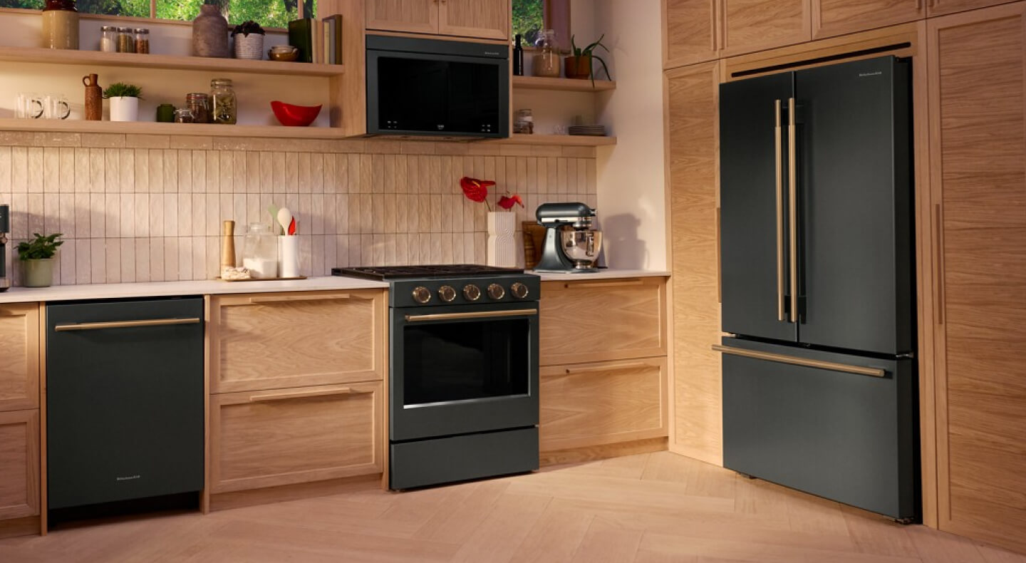 A Juniper green French door refrigerator with customized handles