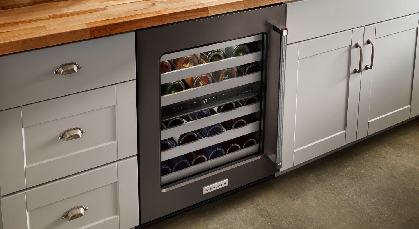 Black stainless steel KitchenAid® wine refrigerator