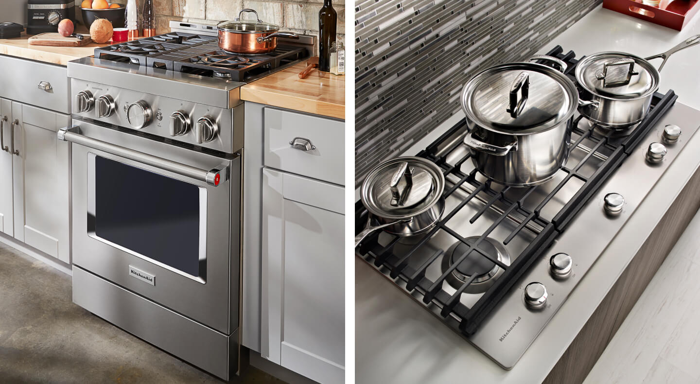 Side by side images of a KitchenAid® gas range and a KitchenAid® gas cooktop