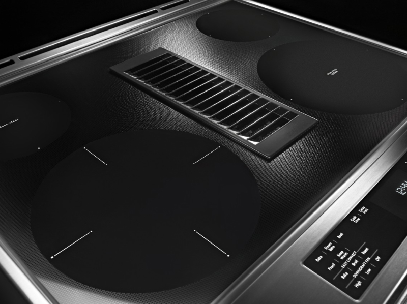 A closeup of a Electric Downdraft Slide-In Range