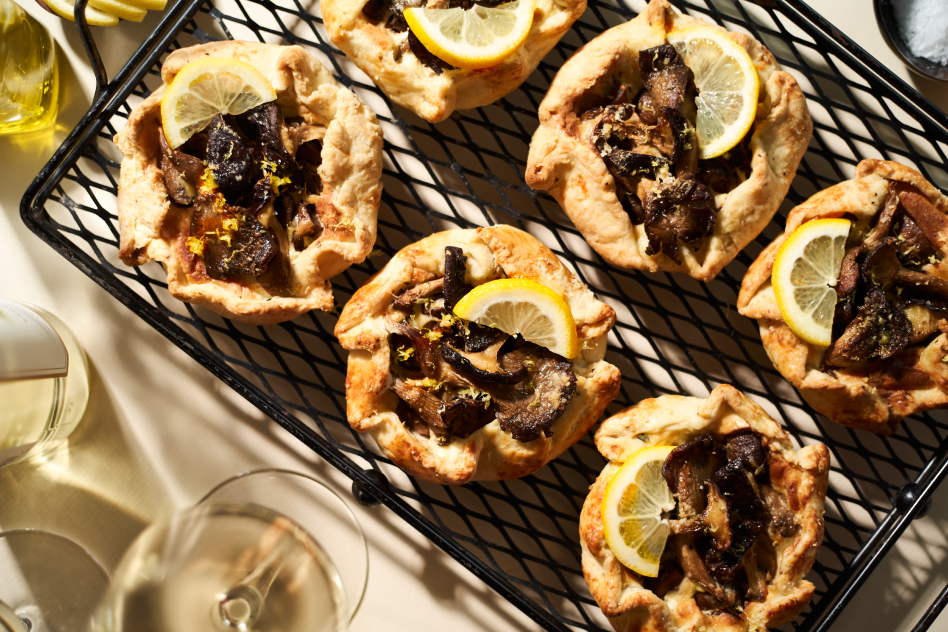 Mushroom galette pastries on a rack Mushroom galette pastries on a rack