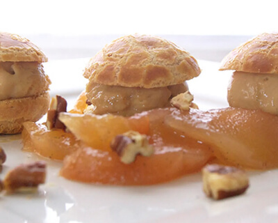 Profiteroles With Salted Caramel Ice Cream And Poached Spiced Pears