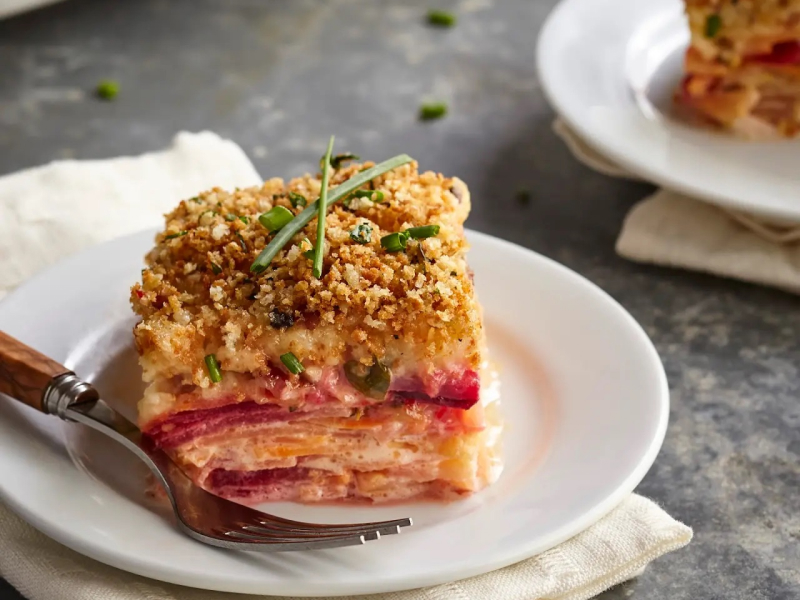 Root vegetable and pancetta gratin