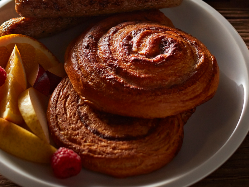Cinnamon roll French toast with maple toffee caramel sauce
