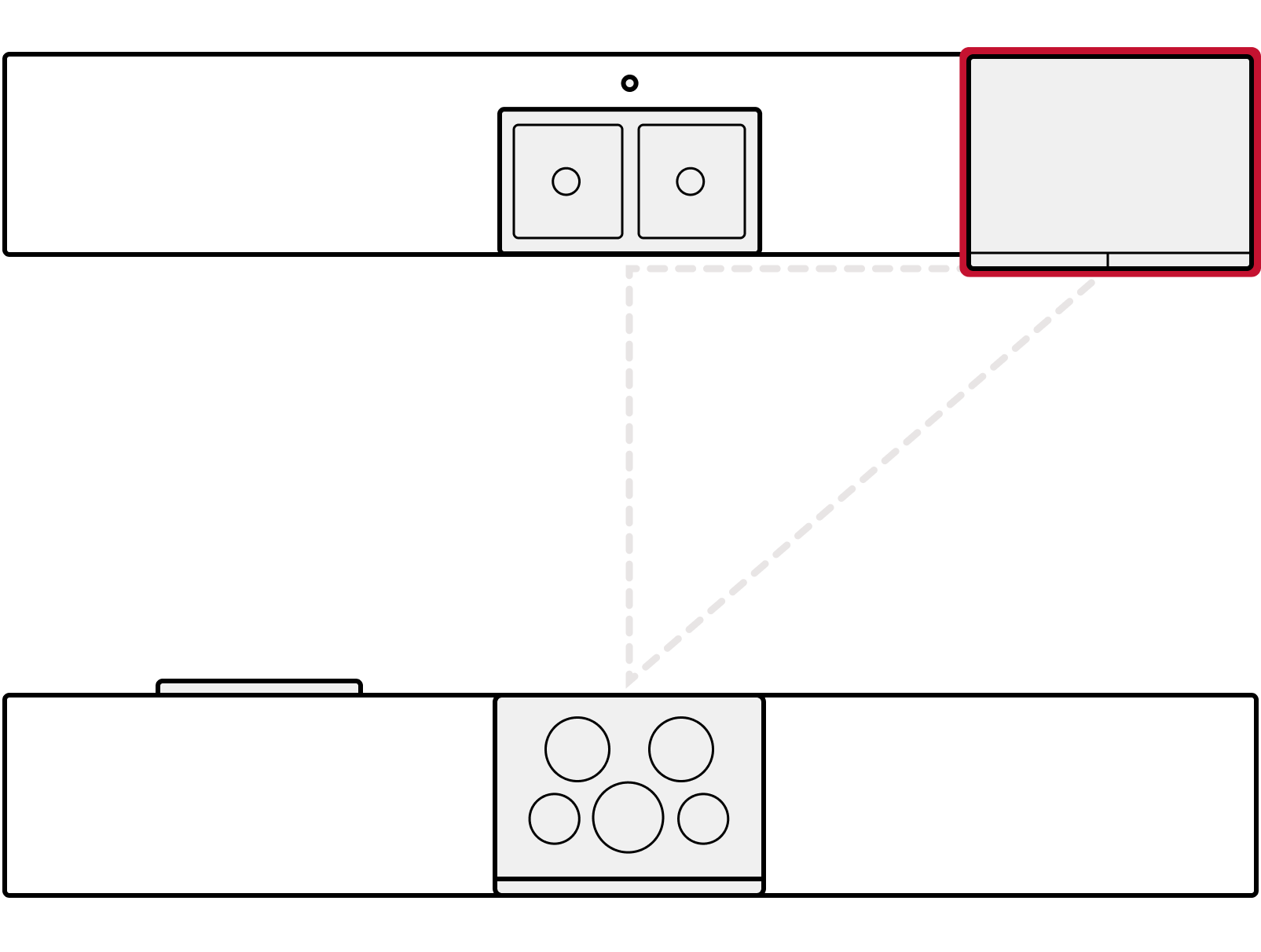 Diagram showing refrigerator placement in galley kitchen Diagram showing refrigerator placement in galley kitchen