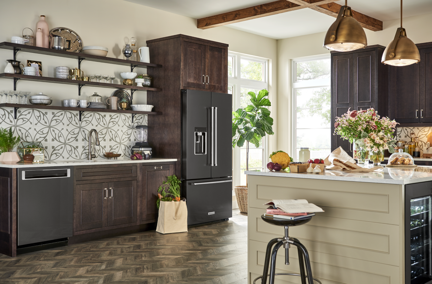 Black french door refrigerator in kitchen with coordinating colors Black french door refrigerator in kitchen with coordinating colors
