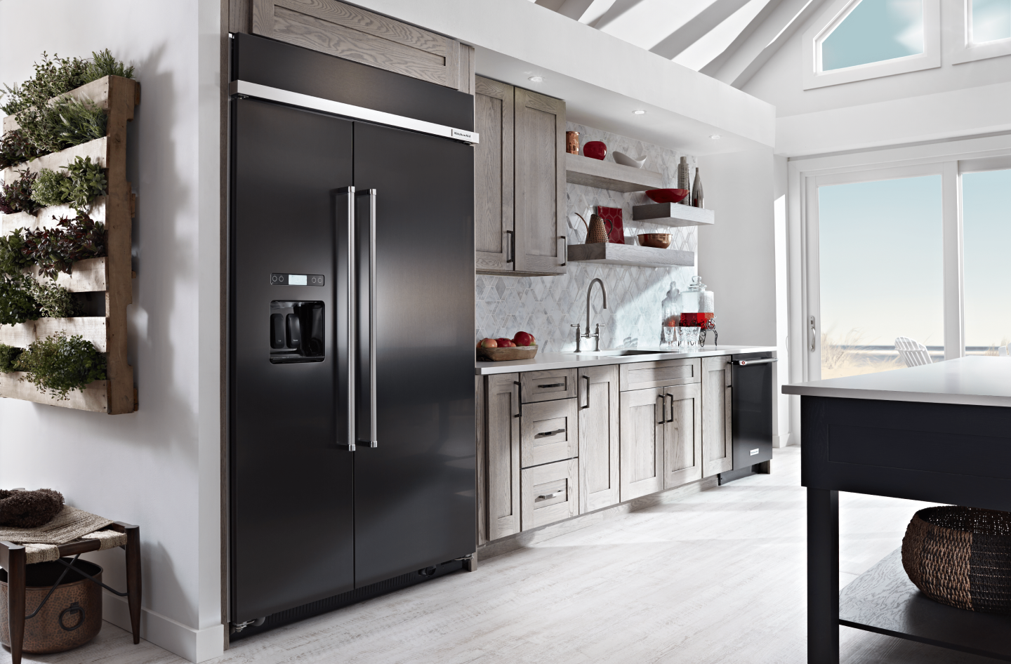 Black side-by-side refrigerator in small kitchen Black side-by-side refrigerator in small kitchen