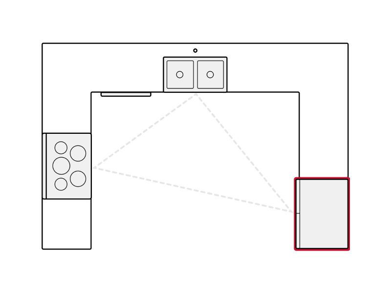 Diagram showing refrigerator placement in U-shaped kitchen Diagram showing refrigerator placement in U-shaped kitchen