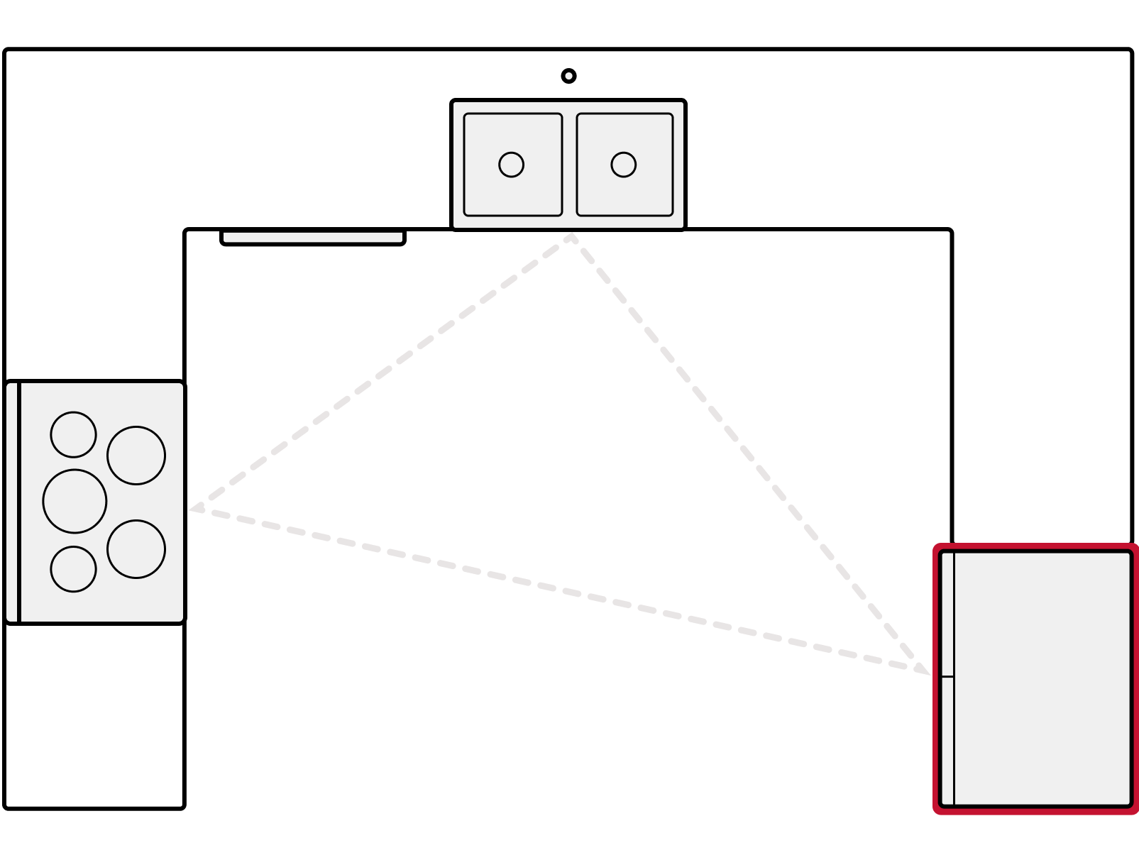 Diagram showing refrigerator placement in U-shaped kitchen Diagram showing refrigerator placement in U-shaped kitchen