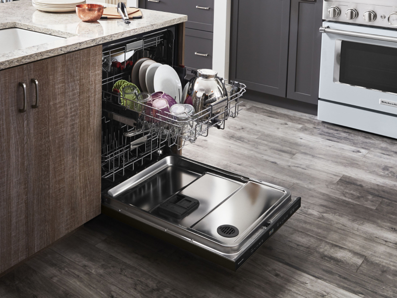 KitchenAid® dishwasher open to show contents KitchenAid® dishwasher open to show contents