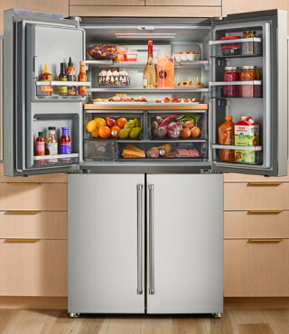 4-door refrigerator with top two doors open