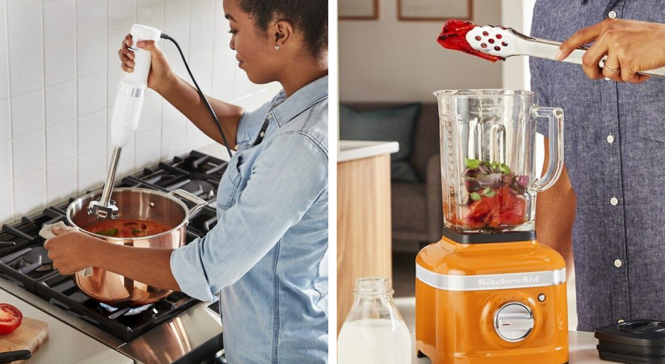 Woman blending soup with immersion blender vs countertop blender being used by a man  Woman blending soup with immersion blender vs countertop blender being used by a man