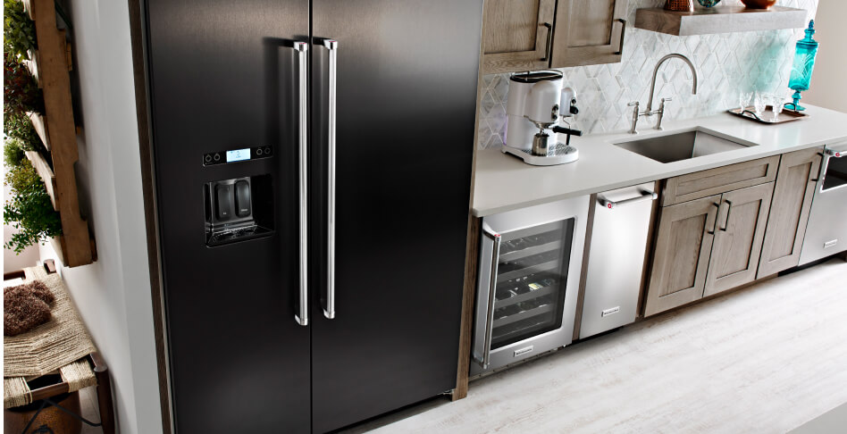 Stainless steel side-by-side refrigerator and undercounter wine refrigerator Stainless steel side-by-side refrigerator and undercounter wine refrigerator