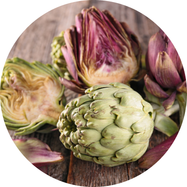 A halved artichoke, cut side facing the camera.