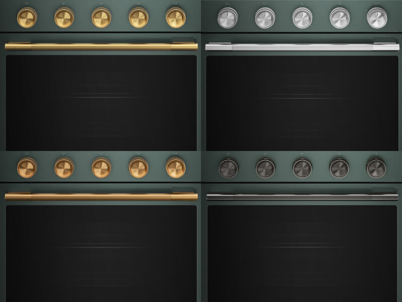 Four kitchen ranges with varying hardware colors
