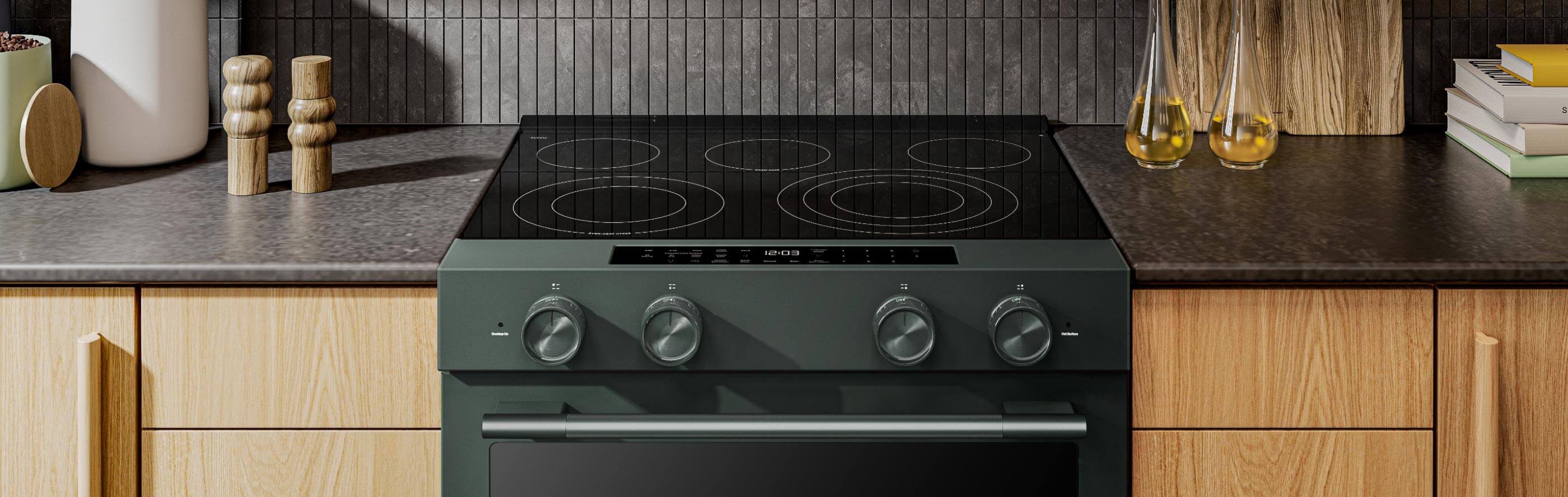 Electric slide-in range in a sleek kitchen