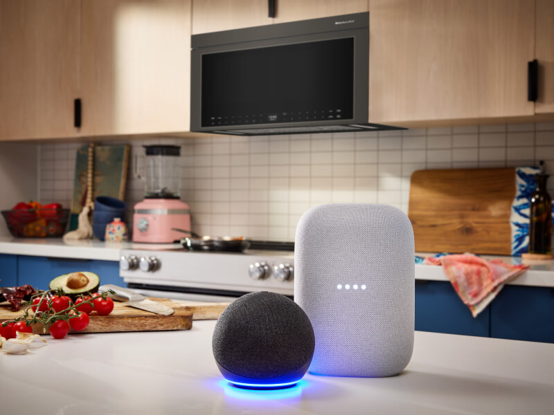 Google Assistant and Alexa-enabled device on a countertop