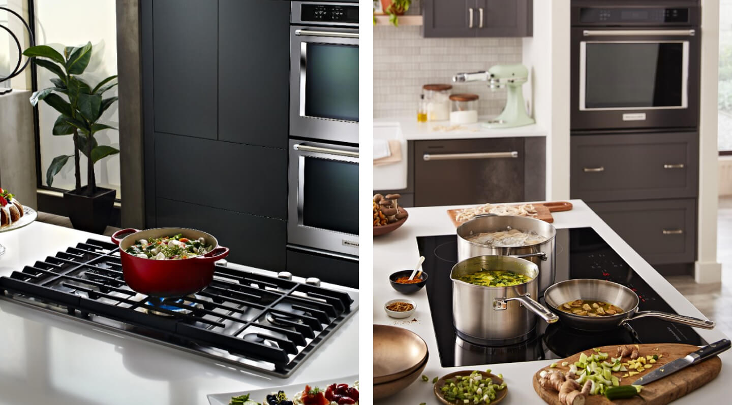 Pot cooking on a gas cooktop, pots cooking on an induction cooktop