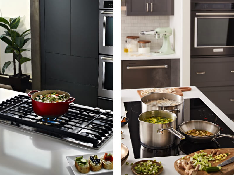 Pot cooking on a gas cooktop, pots cooking on an induction cooktop